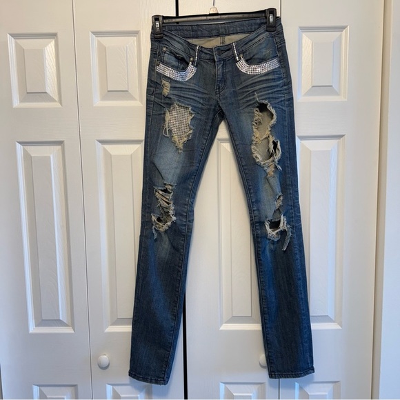 A7 Denim - A7 Distressed Blue Jeans with Swarovski Crystals, Size 26